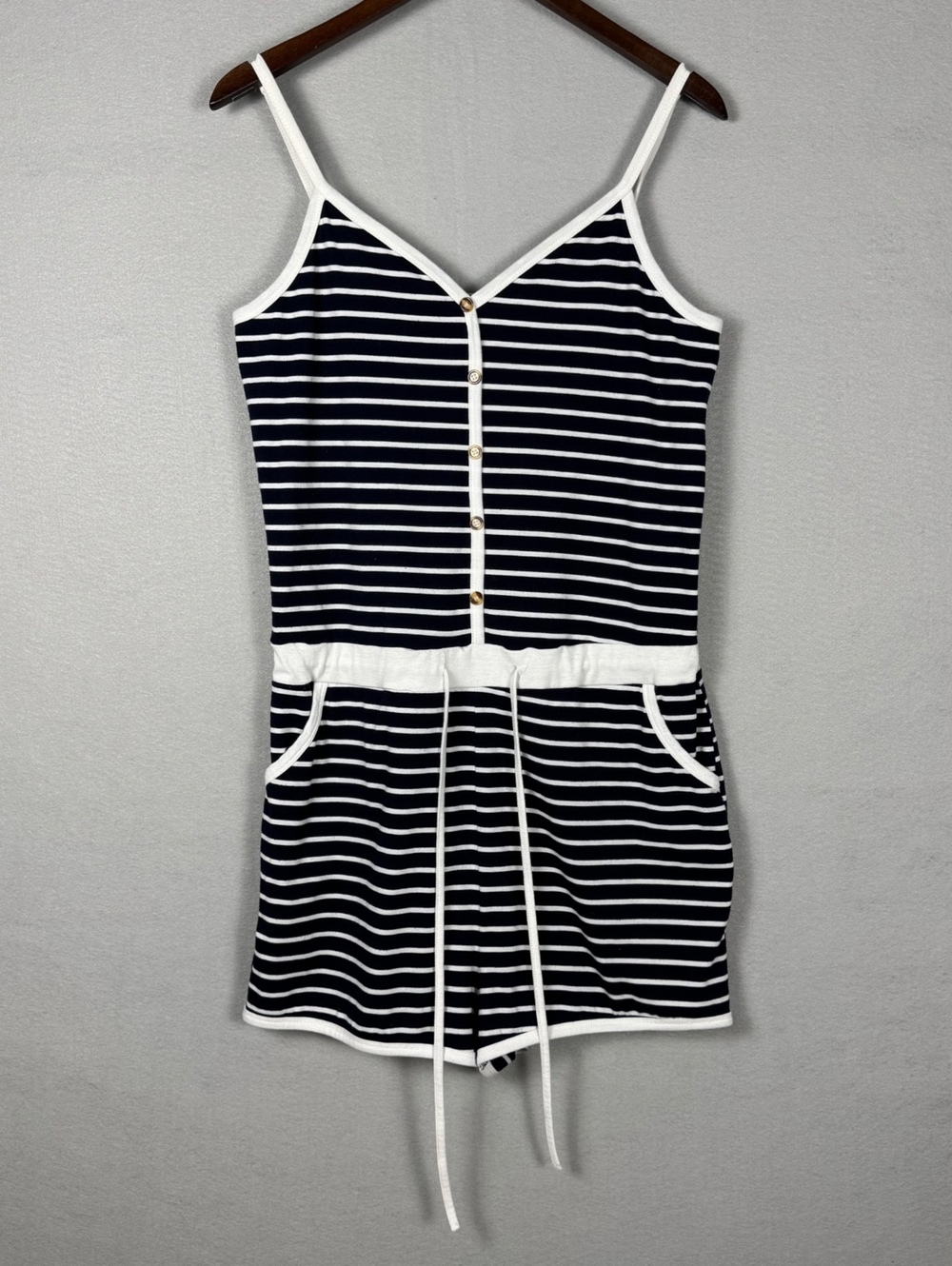 Women's Navy White Striped Button Romper